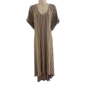 Caato Tan White Striped V-Neck High-Low Maxi Dress w/Pockets Size 22/24W 3X Plus